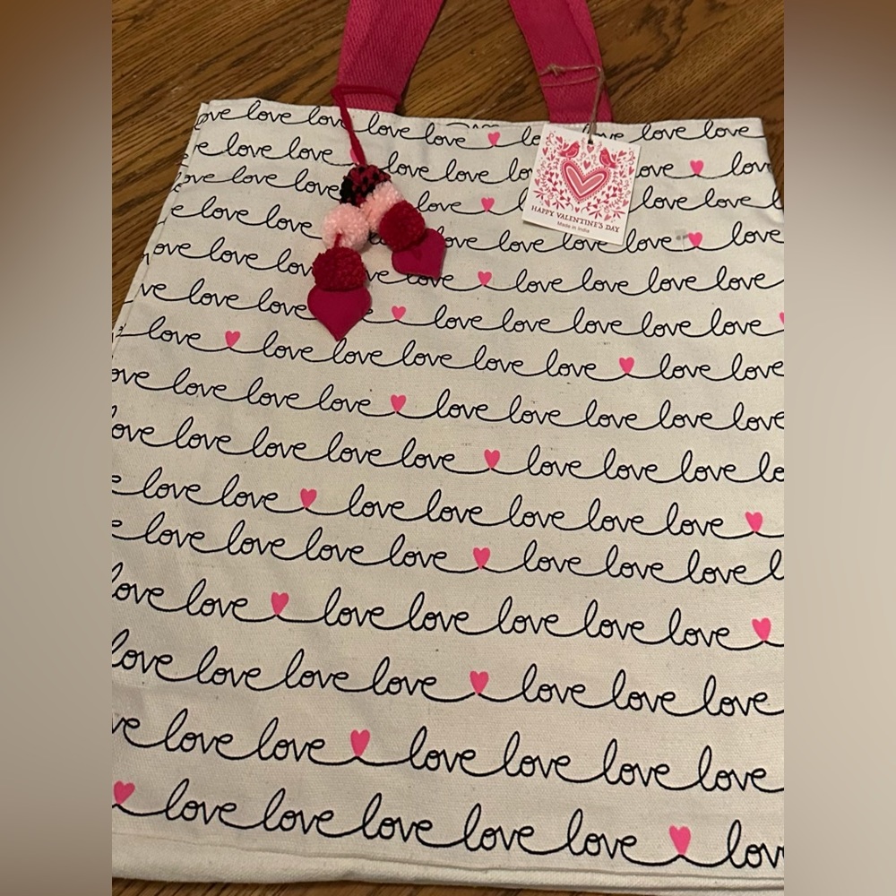 New Valentine’s canvas tote bag with love print and pink hearts Pom Pom …